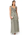 Adrianna Papell Embroidered Beaded Trumpet Gown In Gray