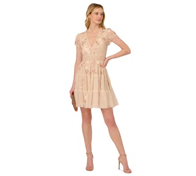 Adrianna Papell Women's V-neck Beaded Mesh Minidress In Pale Pink