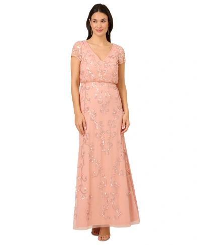 Adrianna Papell Women's V-neck Beaded Short-sleeve Gown In Coral