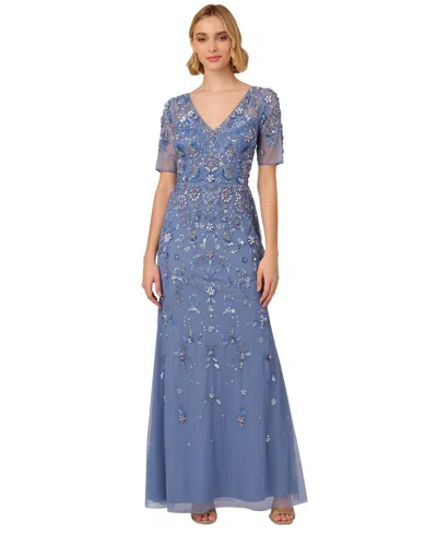 Adrianna Papell Women's V-neck Beaded Short-sleeve Mesh Gown In French Blue