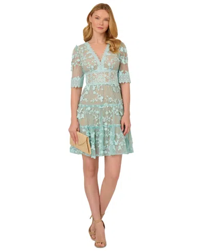 Adrianna Papell Women's V-neck Lace Embroidery Dress In Airy Aqua