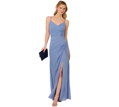 Adrianna Papell Women's V-neck Sleeveless Draped Gown In French Blue
