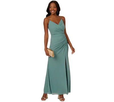 Adrianna Papell Women's V-neck Sleeveless Draped Gown In Greenslate