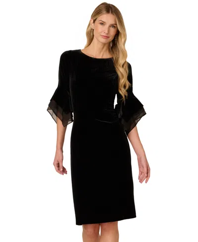 Adrianna Papell Women's Velvet Bell-sleeve Mesh-trim Dress In Black