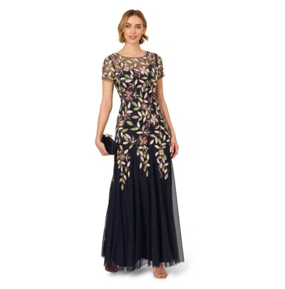 Adrianna Papell Women's Vine Sequin Short Sleeve Mesh Gown