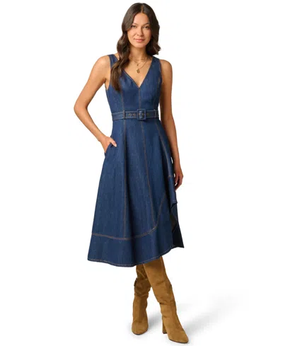 Adrianna Papell Denim Hitch Hem Everyday Midi Dress In Navy In Blue