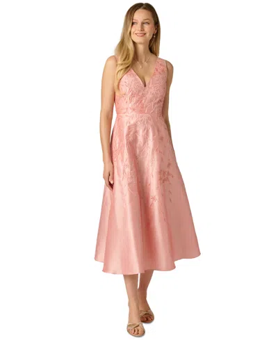 Adrianna Papell Floral Embroidered Dupioni A Line Midi Dress In Light Pink