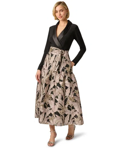 Adrianna Papell Long Sleeve Combo Tuxedo Ankle Length Gown In Black Blush