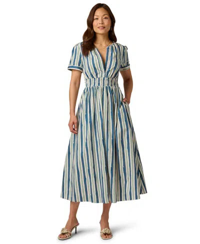Adrianna Papell Short Sleeve Cotton Sophia Midi Dress In Ecru Navy In Multi