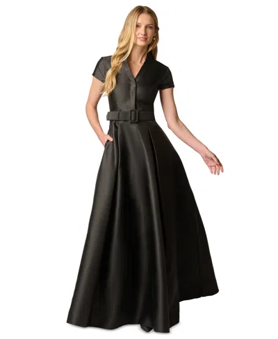Adrianna Papell Women's V-neck Short-sleeve A-line Gown In Black