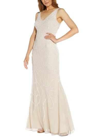 Adrianna Papell Womens Beaded Maxi Evening Dress In White