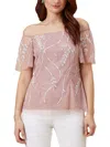 ADRIANNA PAPELL WOMENS BEADED MESH BLOUSE