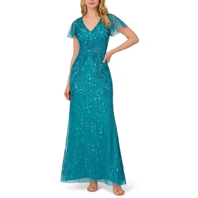 Adrianna Papell Womens Beaded Mesh Evening Dress In Blue