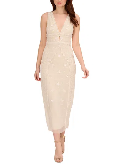 Adrianna Papell Womens Beaded Polyester Evening Dress In Beige