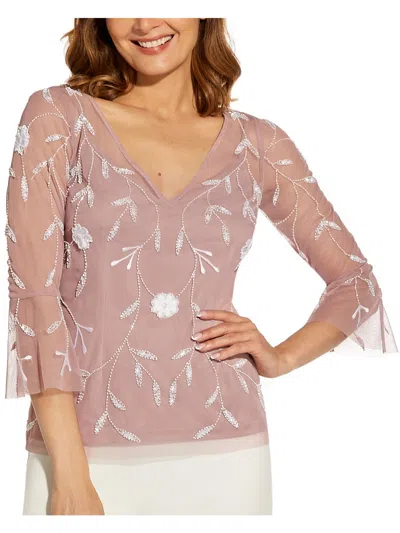 Adrianna Papell Womens Embroidered Beaded Blouse In Pink