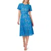 Adrianna Papell Short Sleeve Belted Lace Midi Dress In Blue