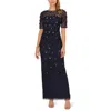 Adrianna Papell Embellished Floral Sheath Dress In Dusty Navy