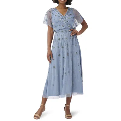 Adrianna Papell Womens Floral Mesh Midi Dress In Blue