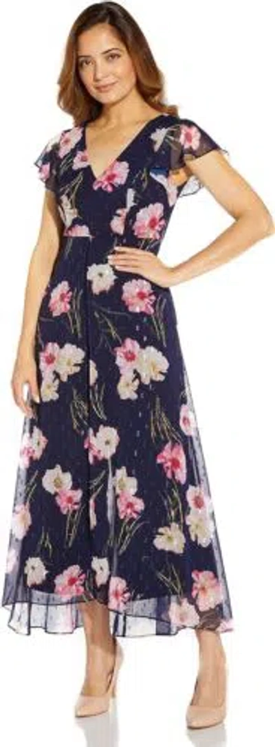 Pre-owned Adrianna Papell Womens Floral Print Metallic Jumpsuitcocktail Dress In Midnight Multi