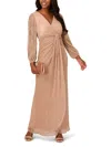 Adrianna Papell Metallic Long Sleeve Mesh Evening Gown In Beige