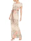 Adrianna Papell Women's Floral-print Short Sleeve Column Gown In Beige