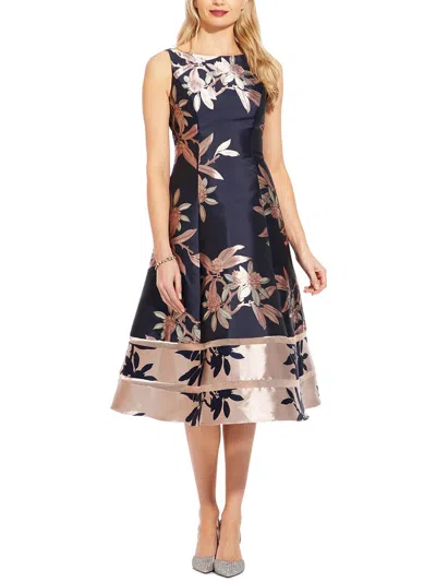 Adrianna Papell Womens Metallic Print Midi Fit & Flare Dress In Navy,blush