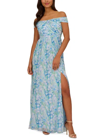 Adrianna Papell Womens Off-the-shoulder Floral Print Evening Dress In Blue
