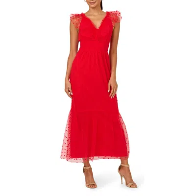 Adrianna Papell Womens Polka Dot Mesh Midi Dress In Red