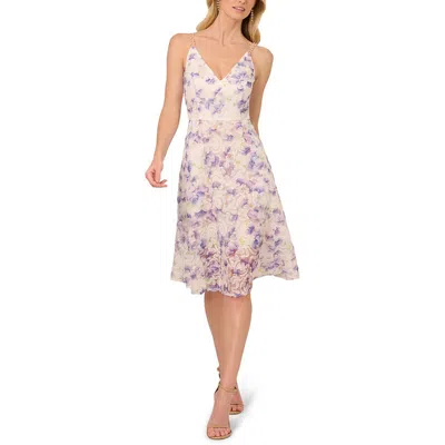 Adrianna Papell Womens Printed Mesh Midi Dress In White