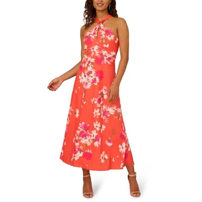 Adrianna Papell Womens Printed Polyester Halter Dress In Orange