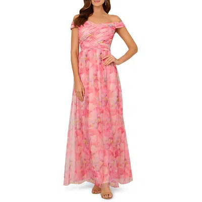 ADRIANNA PAPELL WOMENS PRINTED TULLE EVENING DRESS