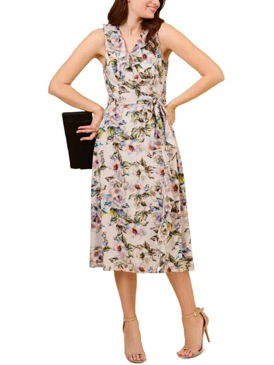 Adrianna Papell Womens Ruffled Printed Midi Dress In Beige