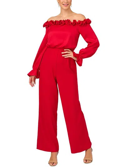 Adrianna Papell Womens Satin Off-the-shoulder Jumpsuit In Hot Ruby