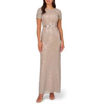 Adrianna Papell Womens Sequined Polyester Evening Dress In Silver Nude