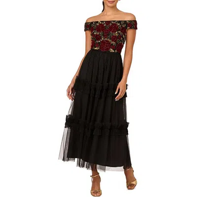 Adrianna Papell Petite Off-the-shoulder Tulle-skirt Dress In Black,gold