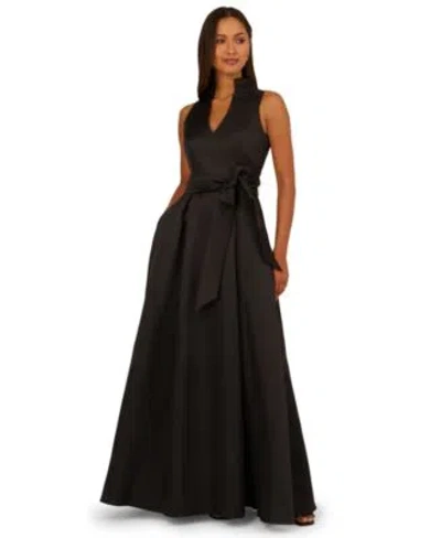 Adrianna Papell Sleeveless Queen Anne Tie Front Ballgown In Black