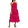 Adrianna Papell Mixed Media Tiered Cocktail Midi Dress In Pink