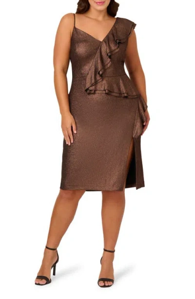 Adrianna Papell Zigzag Ruffle Foiled Knit Cocktail Dress In Brown