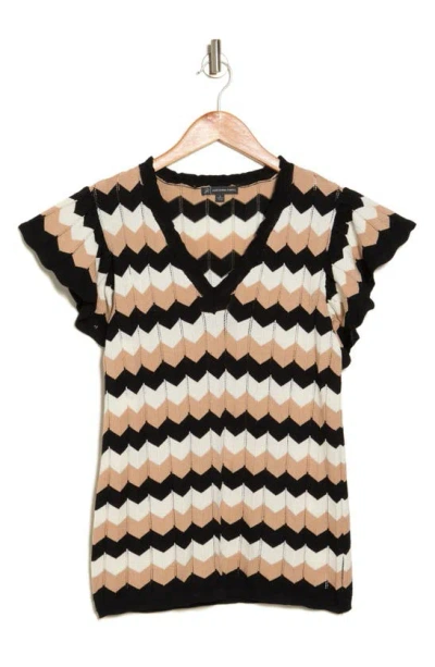 Adrianna Papell Zigzag Stripe Short Sleeve Pointelle Sweater In Black/ Latte/ Latte