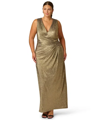 Adrianna Plus Size Metallic Knit Plunging V-neck Gown In Gold