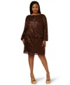 Adrianna Plus Size Sequin Boat Neck Mini Dress In Brown