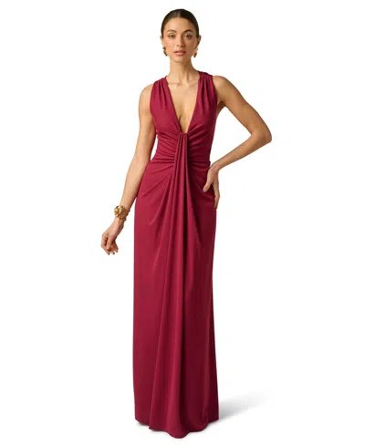 Adrianna Women's Artisan Plunge V-neck Draped Ball Gown In Crimson Haze