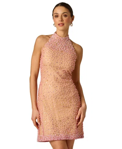 Adrianna Women's Embellished Halter Neck Swing Dress In Pink