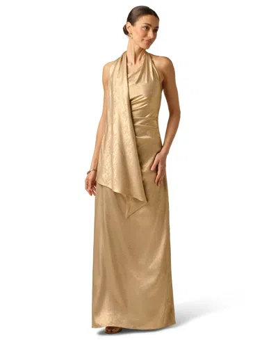Adrianna Women's Foiled Draped Neck Scarf Pleated Ball Gown In Light Gold