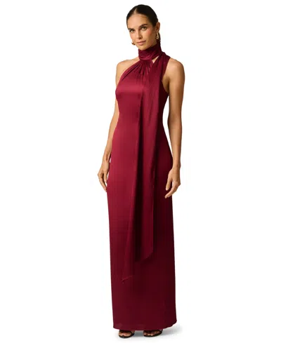 Adrianna Women's Halter Crinkle-satin Long Dress In Wine