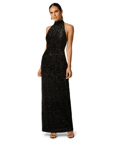 Adrianna Women's Halter Sequin Open-back Long Dress In Black