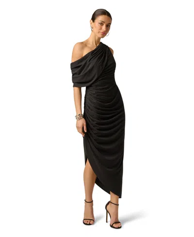 Adrianna Women's One Shoulder Ruched Long Dress In Black