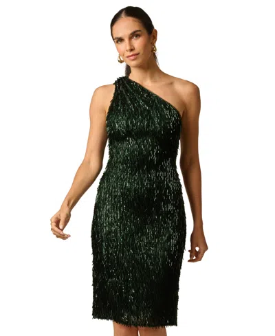 Adrianna Women's One-shoulder Fringe Sequin Long Dress In Olive Cypress