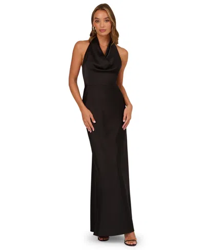 Adrianna Women's Satin Cowl Neck Long Dress In Black
