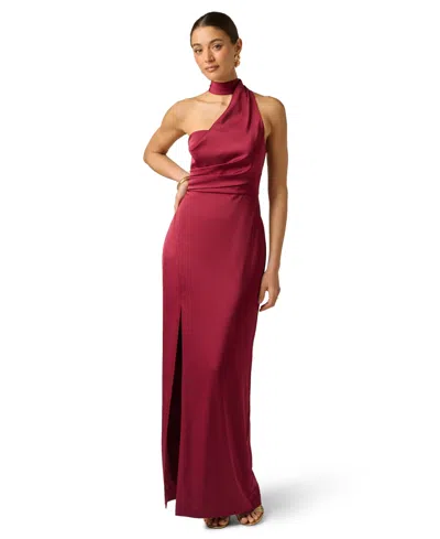 Adrianna Women's Stretch Satin Halter Neck Ball Gown In Crimson Haze